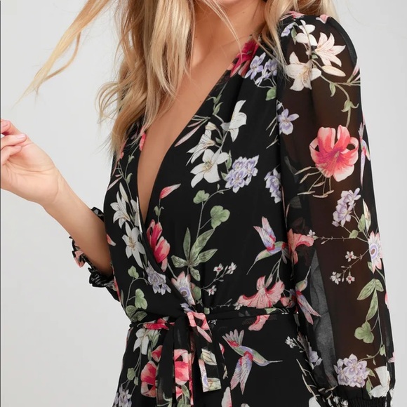 Awakened Black Floral Print Chiffon Maxi Wrap Dres - Picture 3 of 7